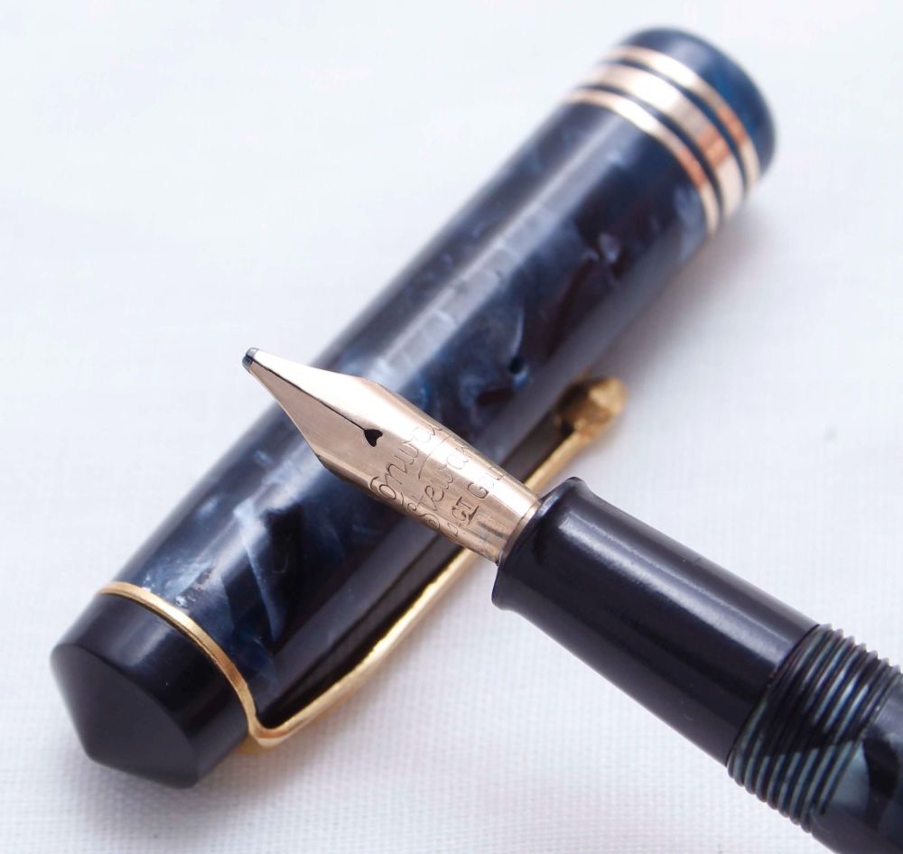 3645 Conway Stewart No.388 in Blue Marble. Fabulous Broad Italic FIVE STAR 