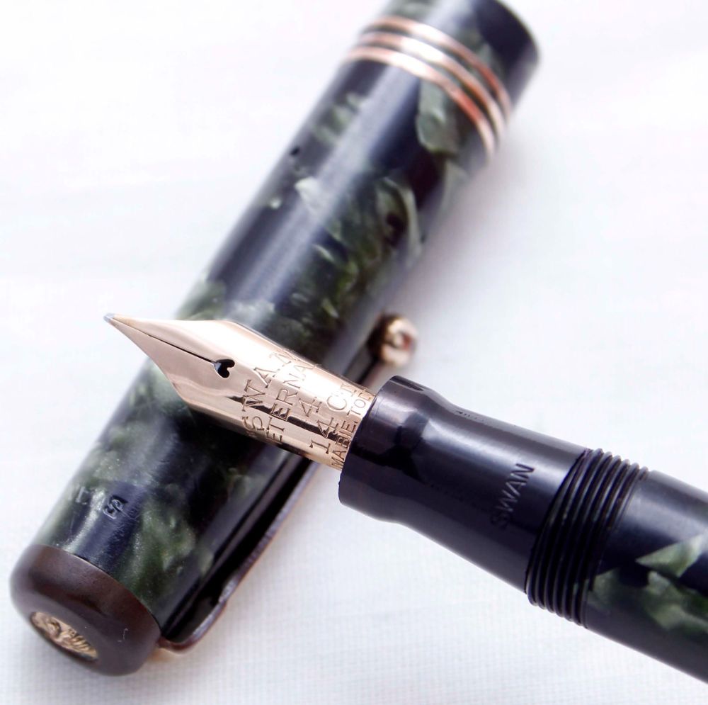 3679 Swan (Mabie Todd) Leverless Fountain Pen in Green Marble. Medium FIVE 