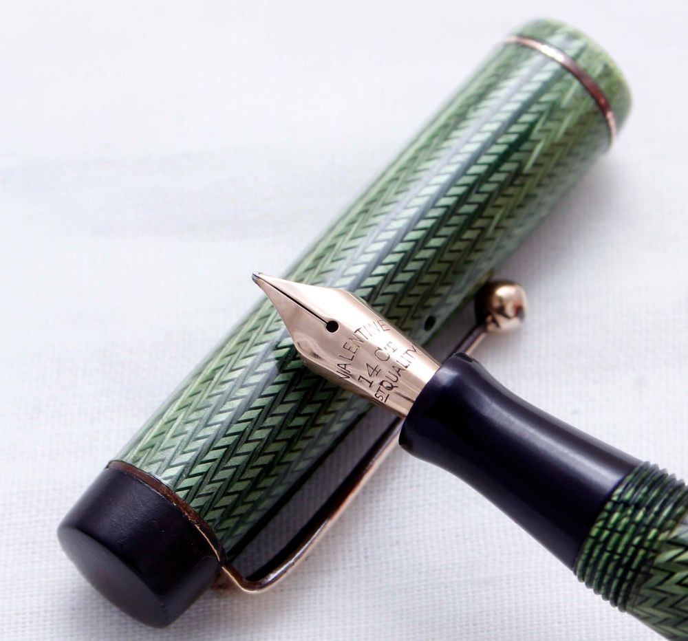 3693 The Valentine Pen in Green Herringbone.  Medium FIVE STAR Nib.