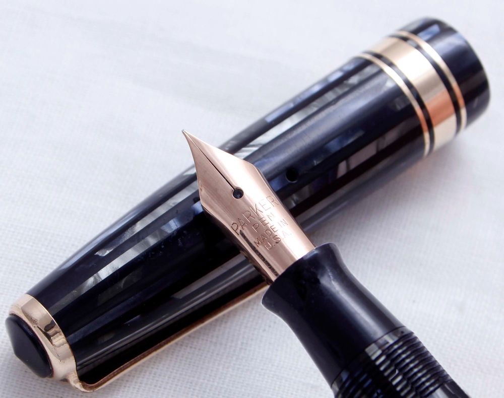 3706 Parker DuoVac Senior Fountain Pen in Blue, Silver and Black Stripes, F