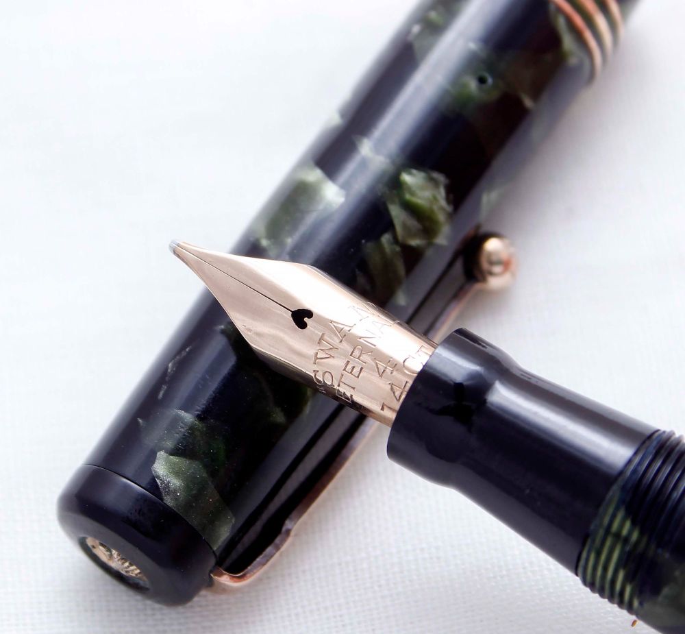 3903 Swan (Mabie Todd) Leverless Fountain Pen in Green Marble. Broad  FIVE 