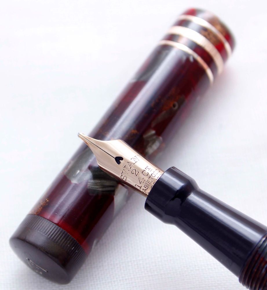 3904 Swan (Mabie Todd) L245/62 Leverless Fountain Pen in Red, Silver and Bronze Marble. Medium Flexible FIVE STAR Nib.