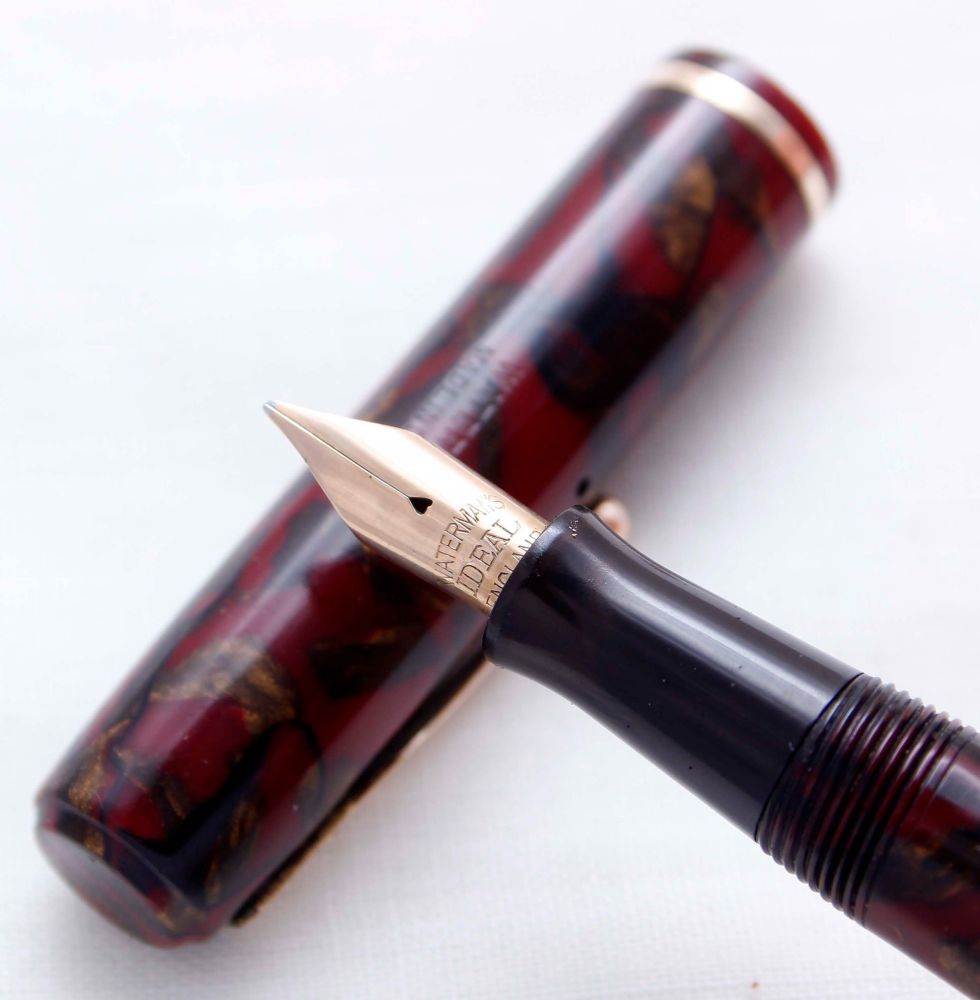 3911 Watermans Ideal No.92 in Red, Black and Gold Marble. Fabulous Medium F
