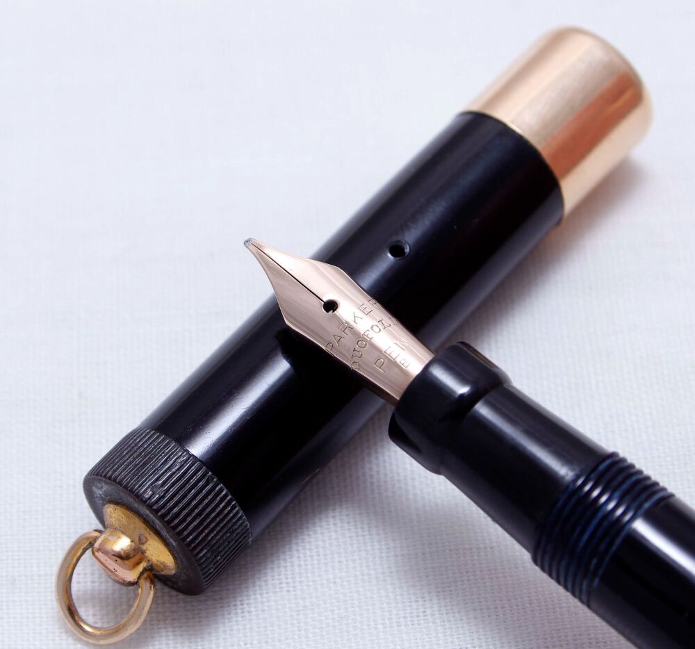 3957 Early Parker Lady Duofold in Classic Black, c1925. Superb Fine FIVE STAR Nib.