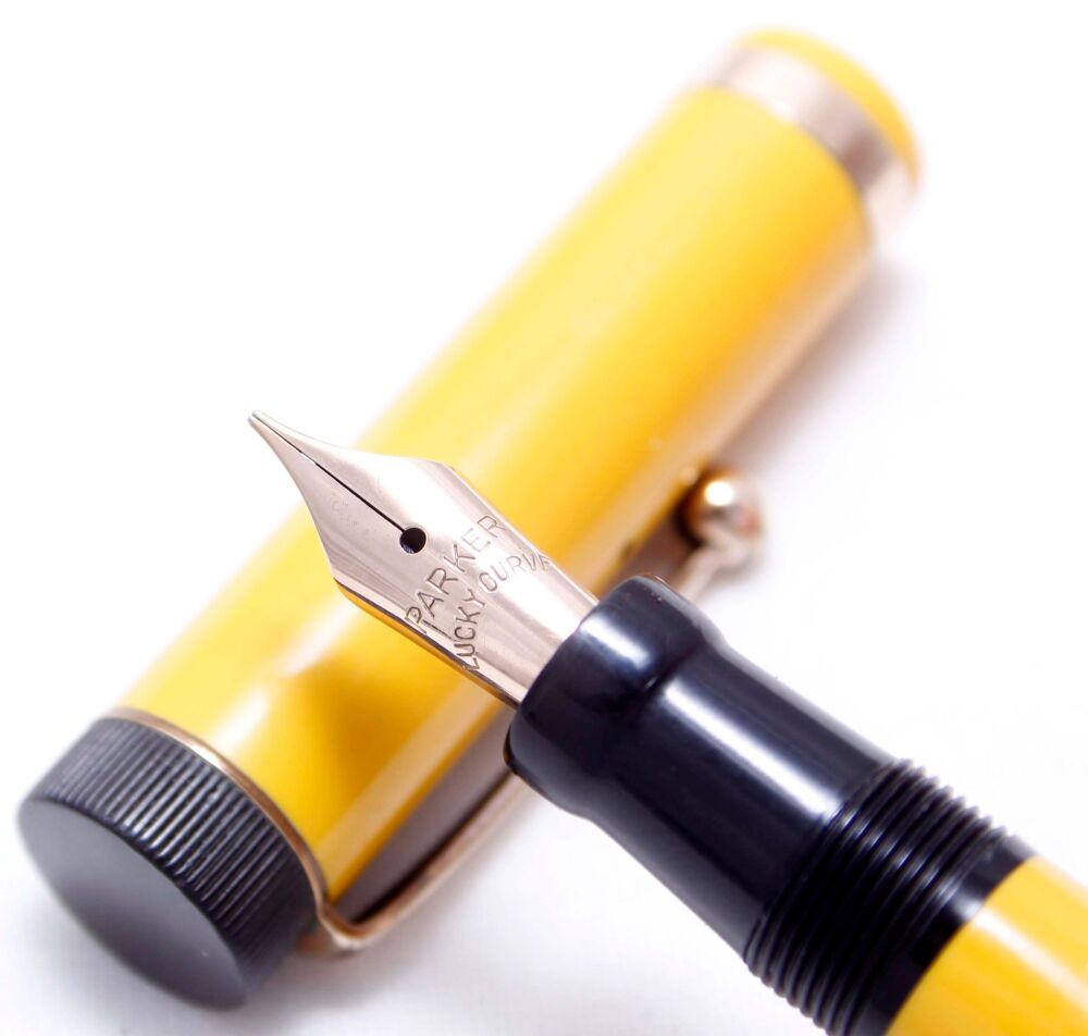 4009 Parker Duofold Junior Fountain Pen in Mandarin Yellow, c1928. Fine sid