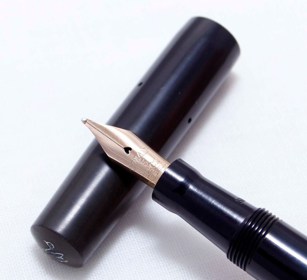 4015. Early Swan (Mabie Todd) 5161 Safety Pen in Black Chased Hard Rubber. Superb Medium Semi Flexible FIVE STAR Nib.