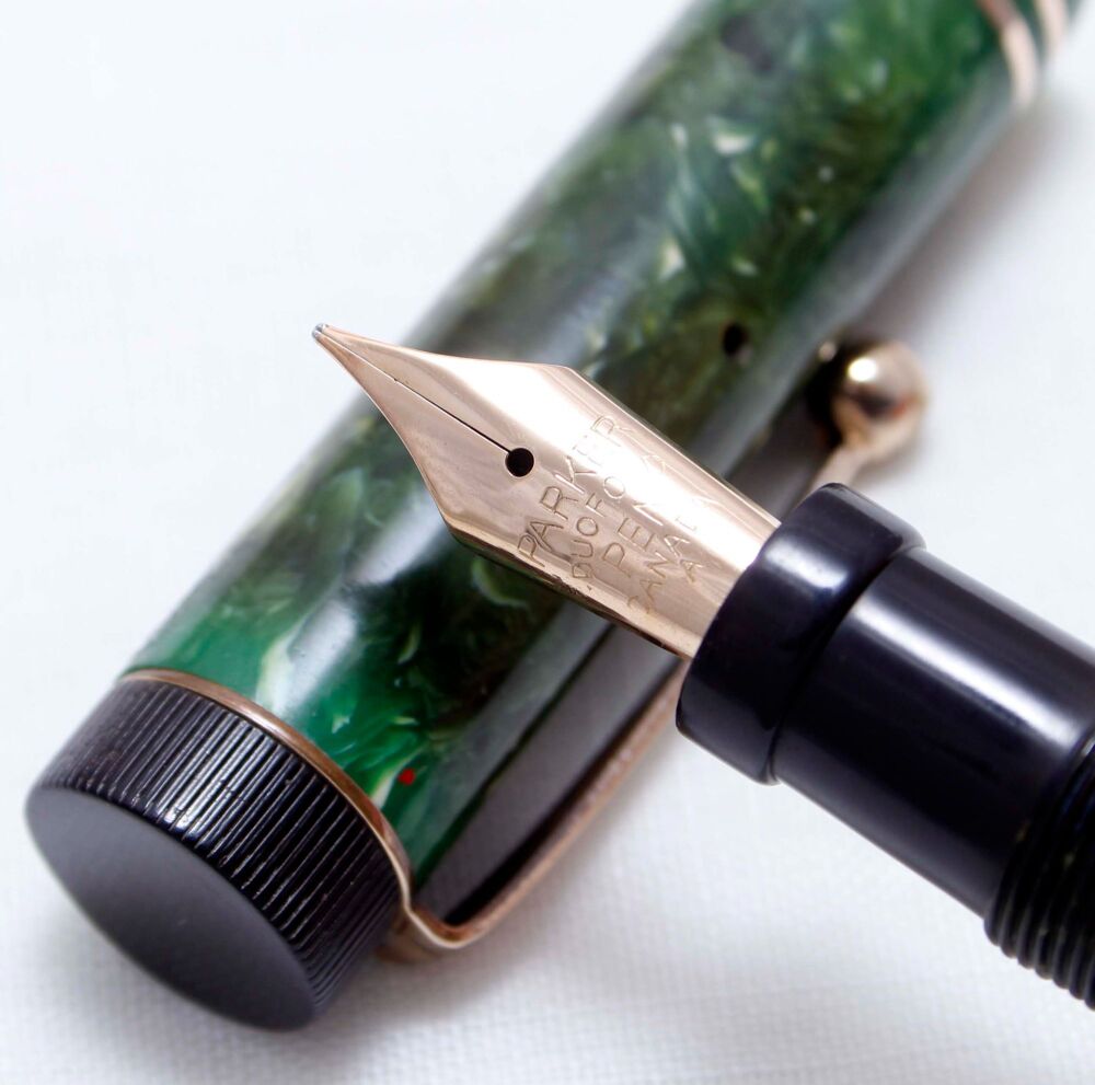 4034 Parker Duofold Lucky Curve Special in Jade Green Permanite, c1929.  Fine FIVE STAR Nib.