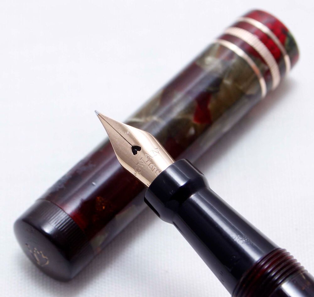 4180 Swan (Mabie Todd) L245/62 Leverless Fountain Pen in Red, Silver and Br