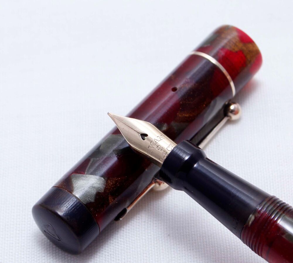 4181 Swan (Mabie Todd) L205/62 Leverless Fountain Pen in Red, Silver and Bronze Marble. Fine Semi Flexible FIVE STAR Nib.