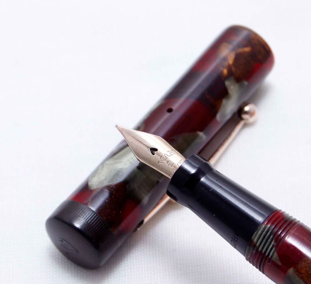 4182 Swan (Mabie Todd) L205/62 Leverless Fountain Pen in Red, Silver and Br