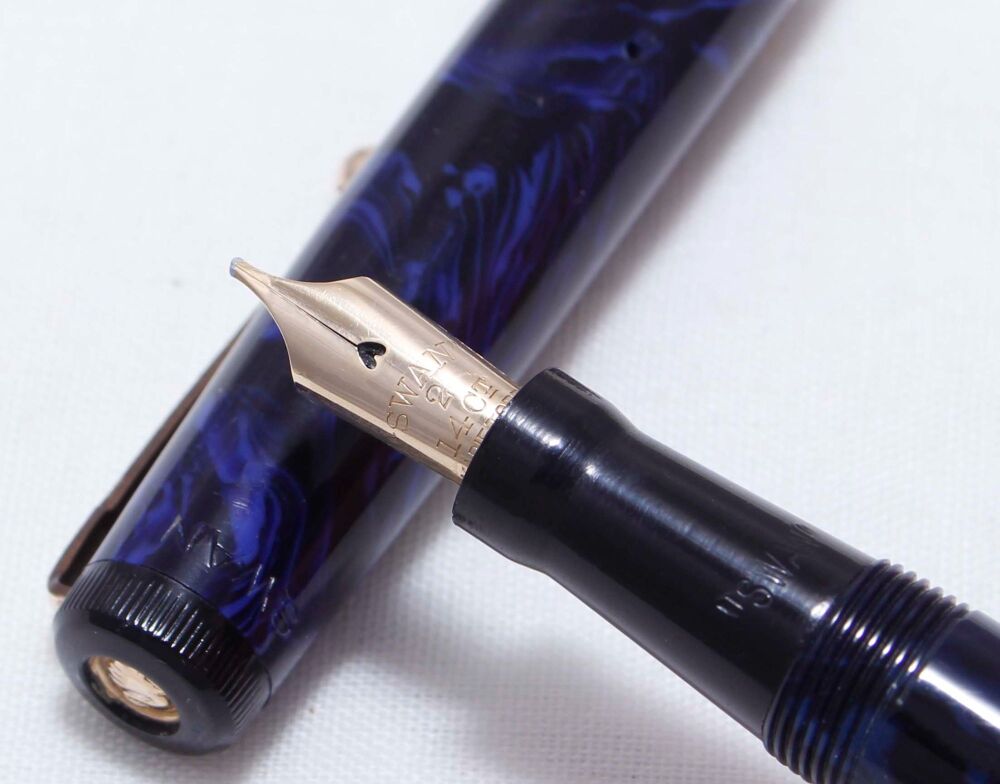 4197 Swan (Mabie Todd) L212/52 Leverless Fountain Pen in Lapis Lazuli. Fabulous Broad Oblique Italic FIVE STAR Nib. Mint and Boxed.