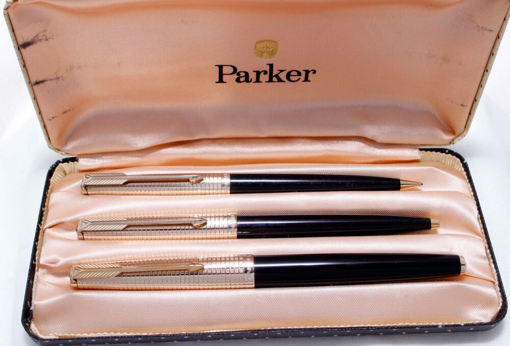 4199 Parker 61 Consort Triple Set in Black with Rolled Gold Gold Caps. Mint and Boxed. Medium FIVE STAR Nib.