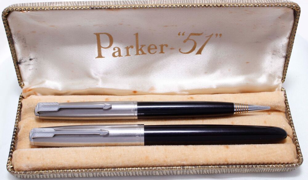 4205 Parker 51 Double Set in Classic Black with Lustraloy caps. Boxed. Fine