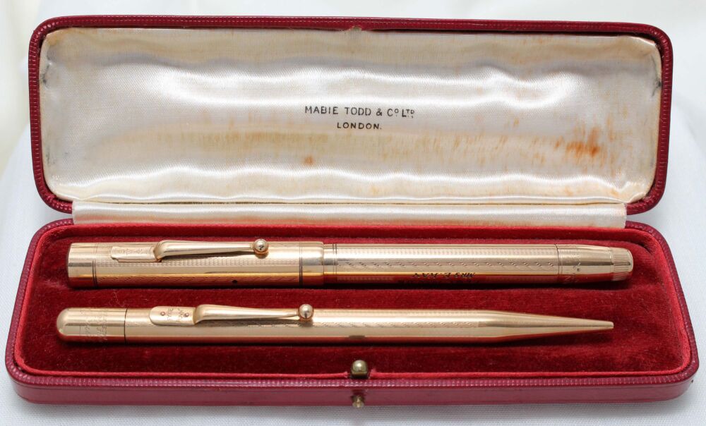 4281 - Swan (Mabie Todd) Self Filling Fountain Pen and matching Pencil in Gold Plate. Fine Flex FIVE STAR Nib. Boxed.