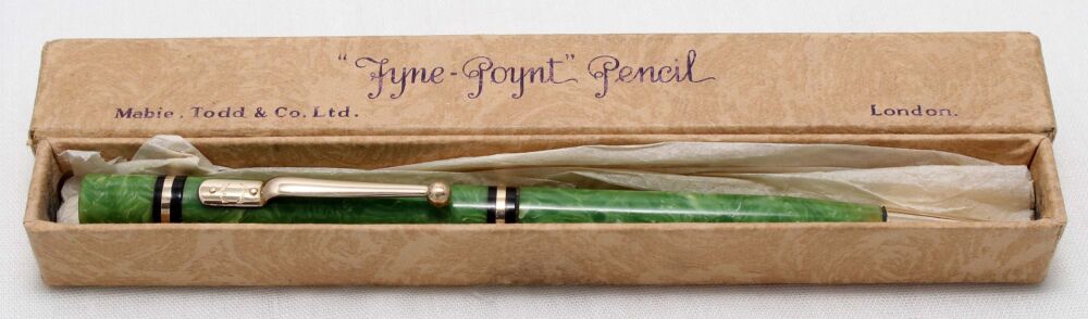 4286 Mabie Todd "Fyne Poynt" Propelling Pencil in Green Jade Marble with Gold Filled trim. Boxed.