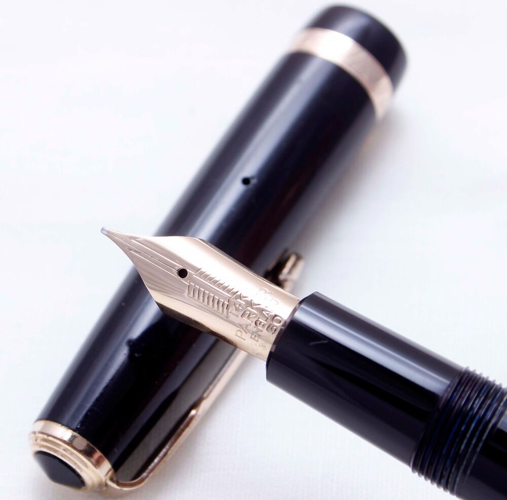 4327 Parker Duofold Maxima in Black, Large No.50 Fine side of Medium FIVE STAR Nib. Boxed