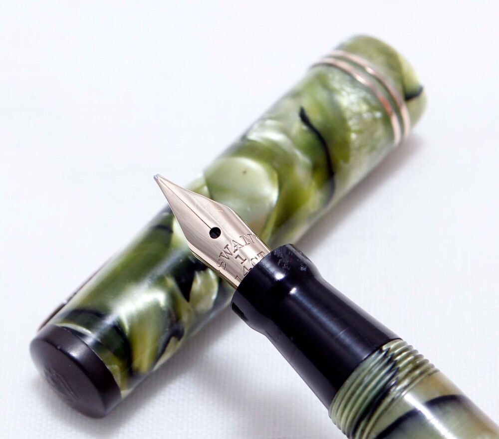 4346 Swan (Mabie Todd) L112/94 Fountain Pen in Light Green Marble. Smooth Fine Megaflex FIVE STAR Nib.