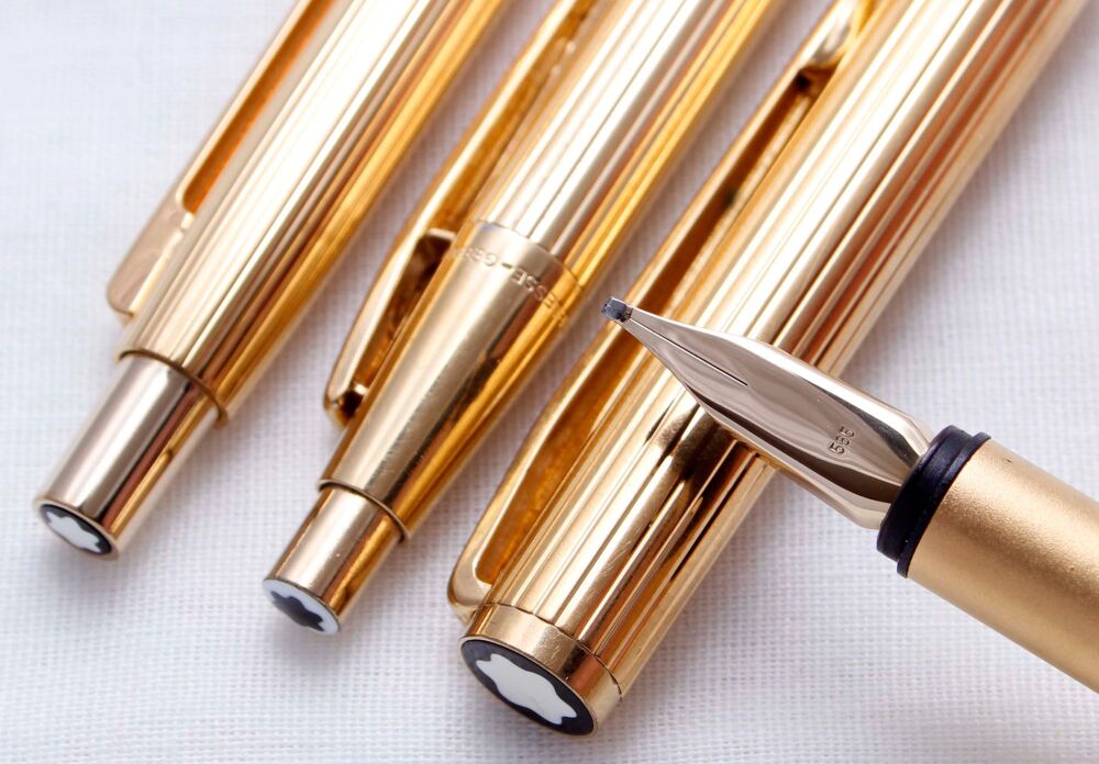 4363 Montblanc Noblesse Fountain Pen, Ball Pen and Pencil in Fluted Rolled Gold. Broad FIVE STAR Nib.