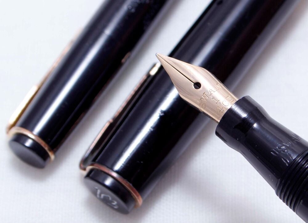 4365 Swan (Mabie Todd) Self Filling Fountain Pen and Propelling Pencil Set in Black. Fabulous Fine flex FIVE STAR Nib.