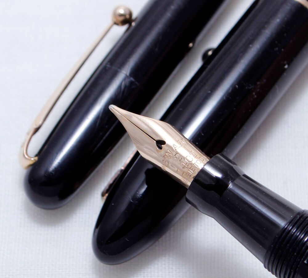 4389 Swan (Mabie Todd) Leverless Fountain Pen and Pencil Set in Classic Black, Fine FIVE STAR Nib.