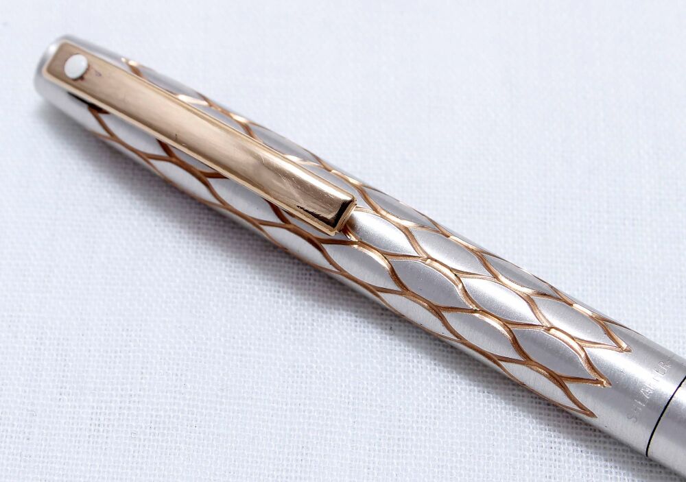 4453 Sheaffer Lady 642 Pencil in Brushed Silver with a gold scalloped pattern.
