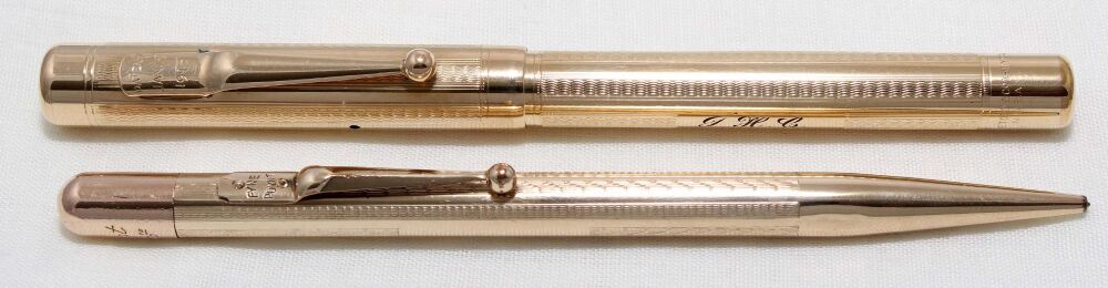 4487 - Swan (Mabie Todd) Self Filling Fountain Pen and matching Pencil in Gold Plate. Fine Semi Flex FIVE STAR Nib.