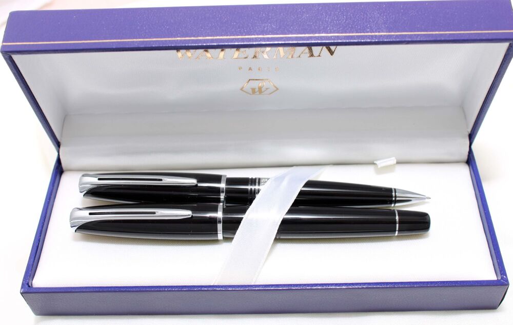 4504 Watermans Charleston Fountain Pen and Pencil set in Gloss Black. Fine 18ct FIVE STAR Nib, mint and boxed.