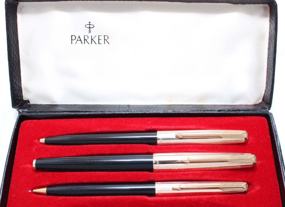 4708 Parker 61 Triple Set in Classic Black with Rolled Gold caps. Mint and 
