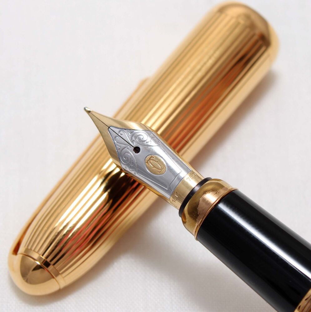 4694 Louis Cartier Godron Fountain Pen in Fluted Rolled Gold. Medium 18ct FIVE STAR Nib. Mint and Boxed.