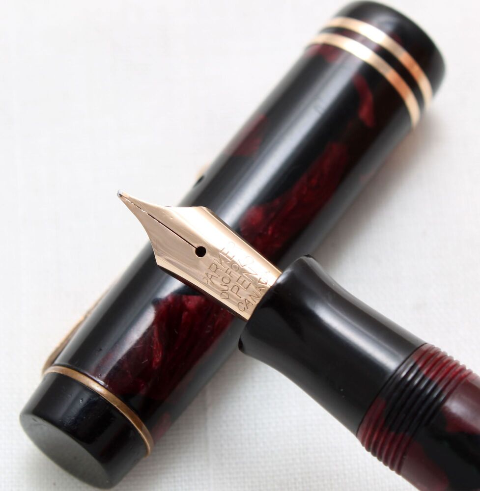 4759 Parker Duofold Special Button Filler in Burgundy Marble, fabulous Medi