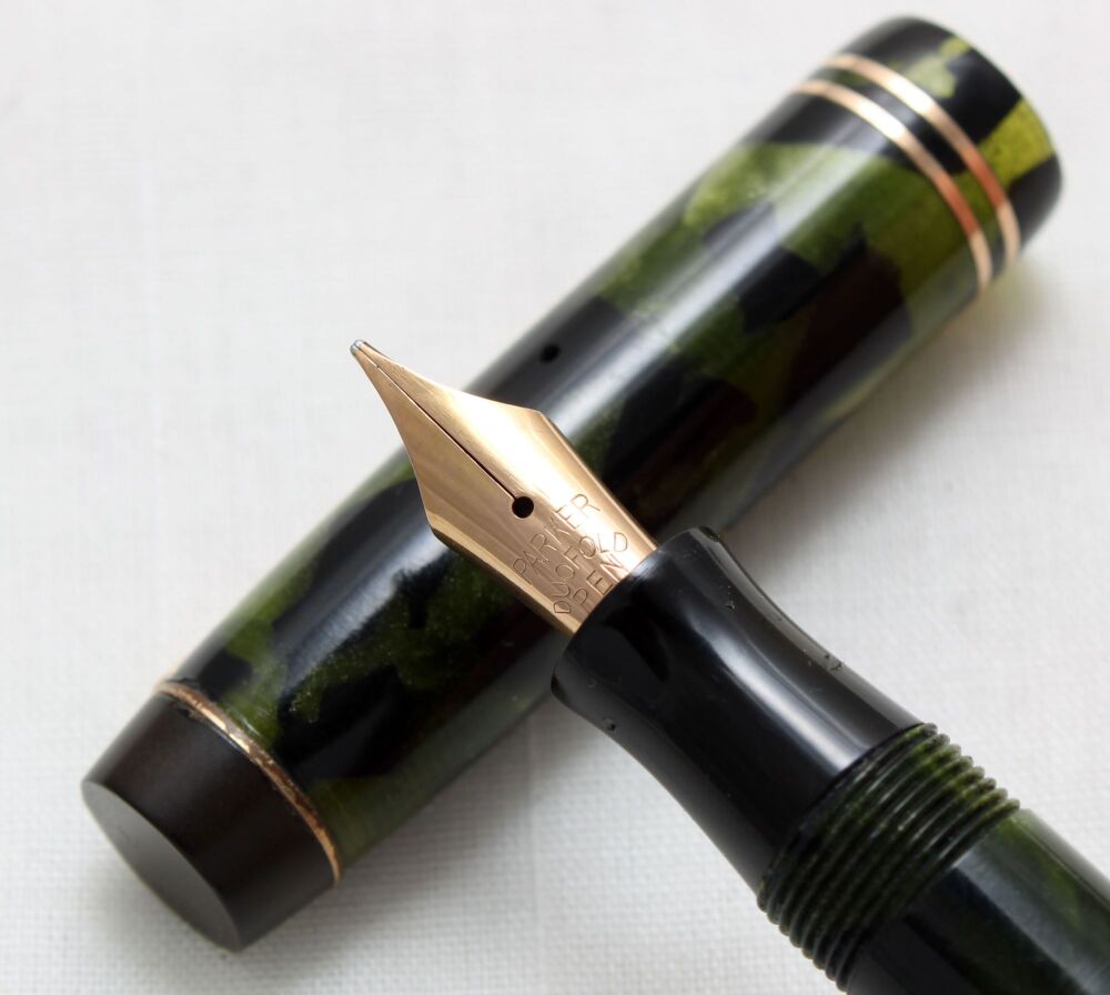4760 Parker Duofold Special Button Filler in Green Marble, fabulous Medium 