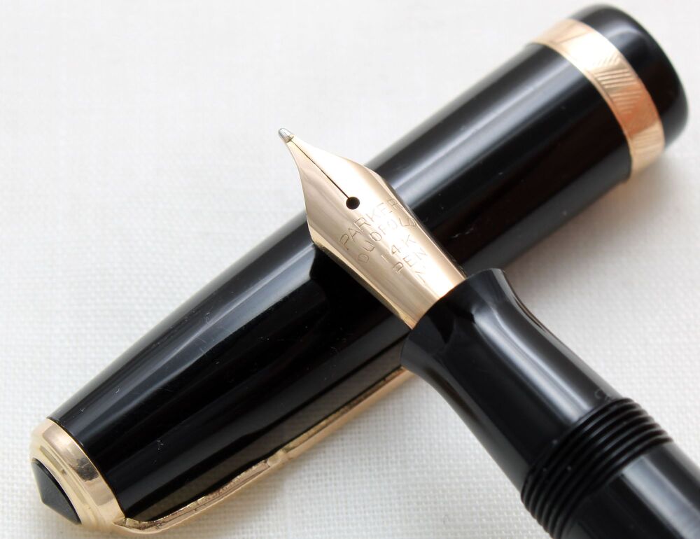 4767 Parker Duofold AF Button Filler in Classic Black. Medium FIVE STAR Nib