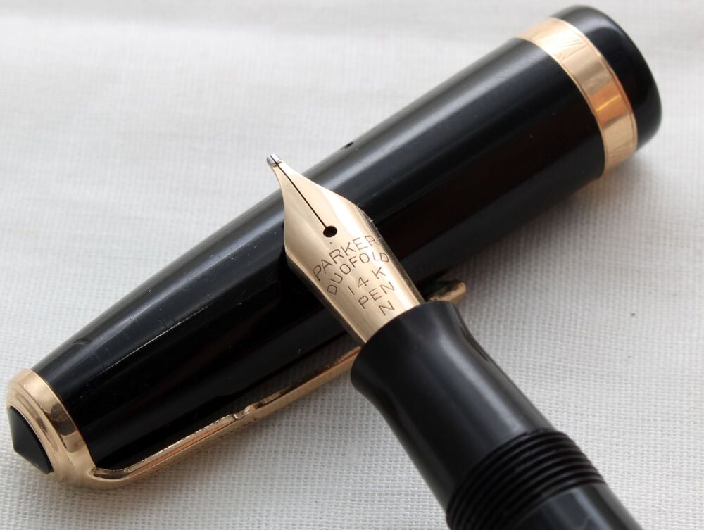 4784 Parker Duofold AF Button Filler in Classic Black. Medium FIVE STAR Nib.