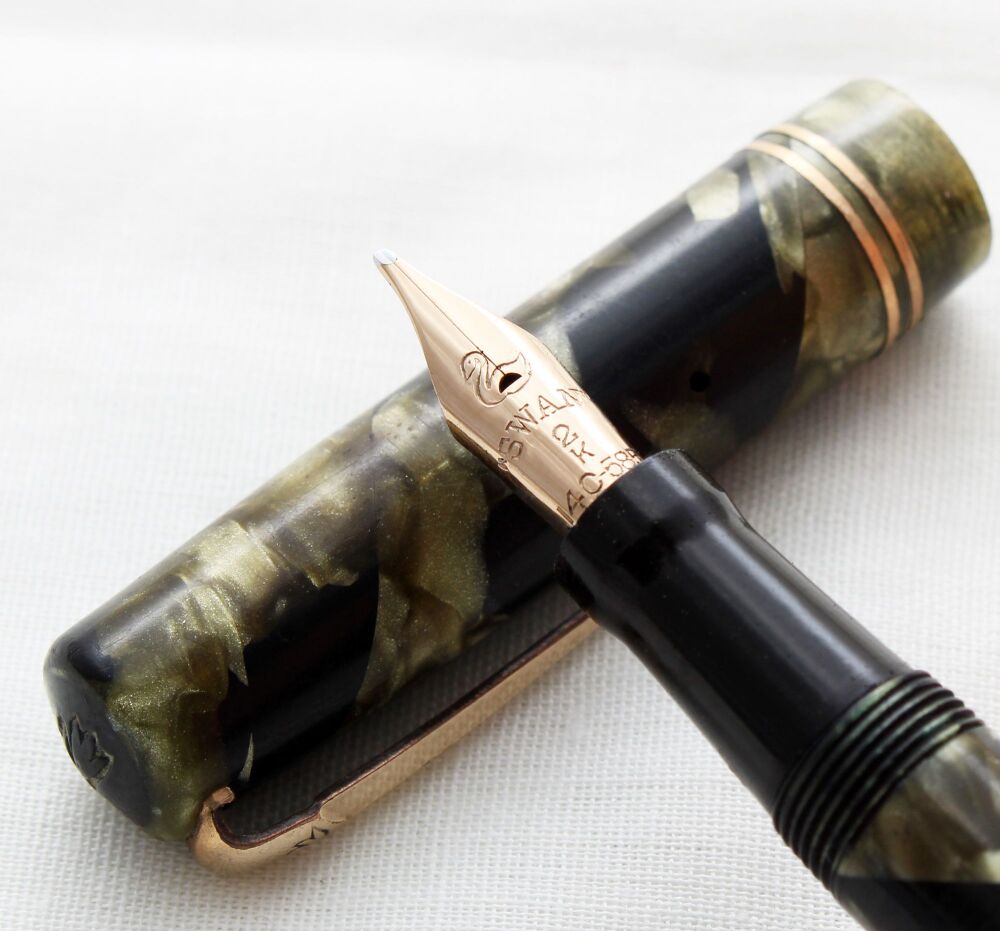 4786 Swan (Mabie Todd) Self Filler in Green Marble. Medium Flex FIVE STAR N