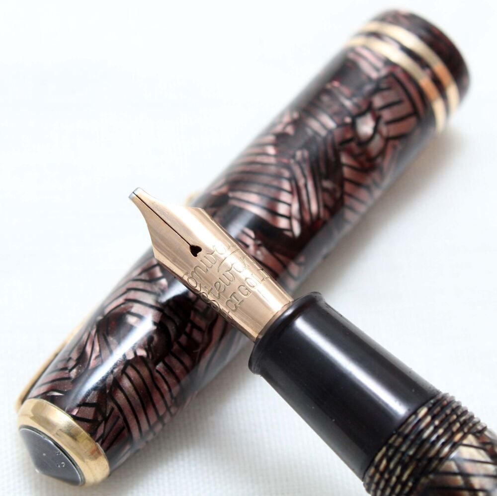 4816 Conway Stewart No.28 in Lined Burgundy Marble. Smooth Broad Stub FIVE STAR Nib.