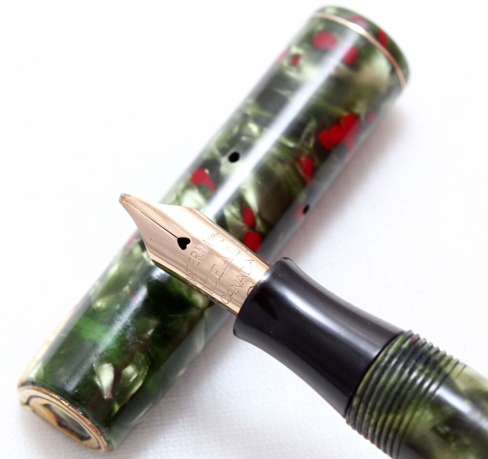 4933 Watermans Ideal No.52V in Green and Red Marble. Fabulous Medium Obliqu