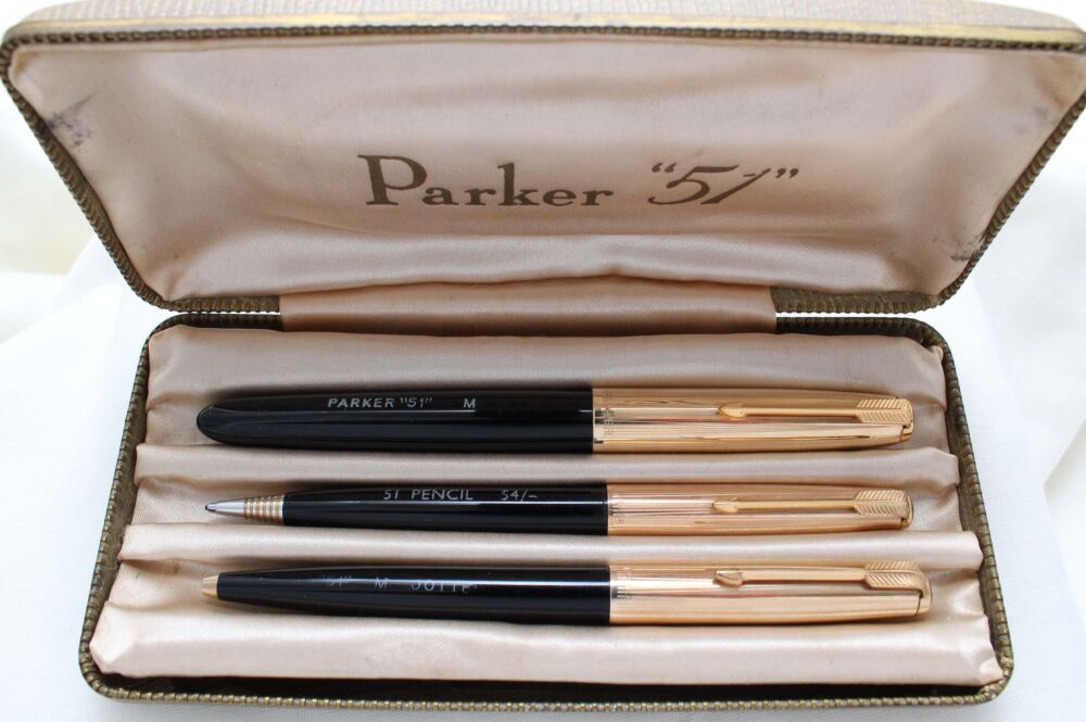 4936 Parker 51 Triple Set in Black with Rolled Gold caps. Mint and Boxed. Medium FIVE STAR Nib.