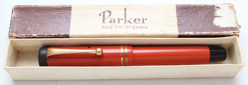 4970 Parker Duofold Junior Lucky Curve in Chinese Red, c1928, Fully Original, Fantastic Medium FIVE STAR Nib. Boxed.