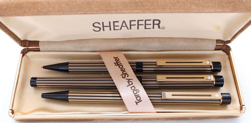 4949 Sheaffer Targa 675s Slim Fountain Pen, ball pen and pencil set in Regency Stripe. Medium FIVE STAR nib. Mint and Boxed.