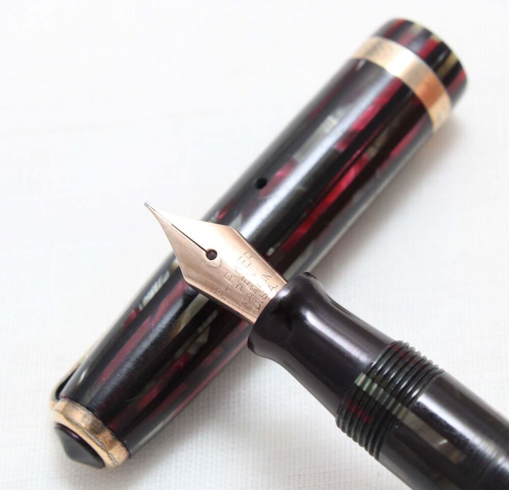 4860 Parker DuoVac Fountain Pen in Burgundy and Grey striated Marble, Extra Fine FIVE STAR Nib.