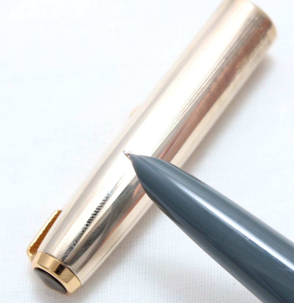 4867 Parker 51 in Grey with a Rolled Gold Cap, Medium FIVE STAR Nib, Mint with Chalk Marks.