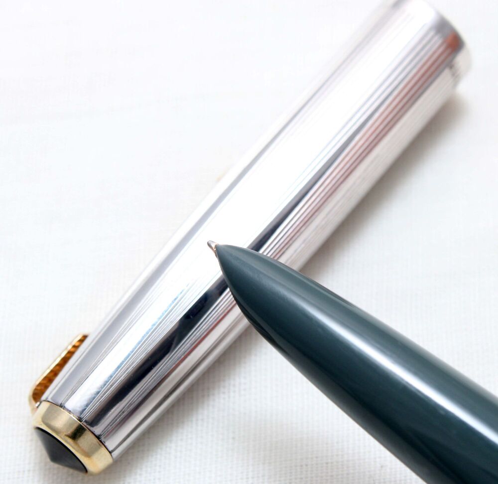 4869 Parker 51 in Grey with a Rolled Silver Cap, Medium FIVE STAR Nib, Mint with Chalk Marks.