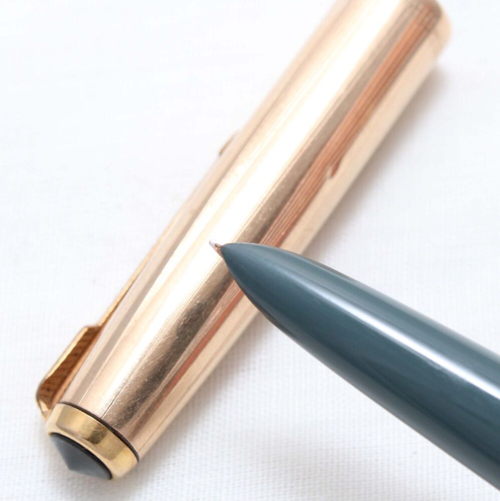 4877 Parker 51 Aerometric Demi in Grey with a Rolled Gold Cap. Medium FIVE STAR Nib.