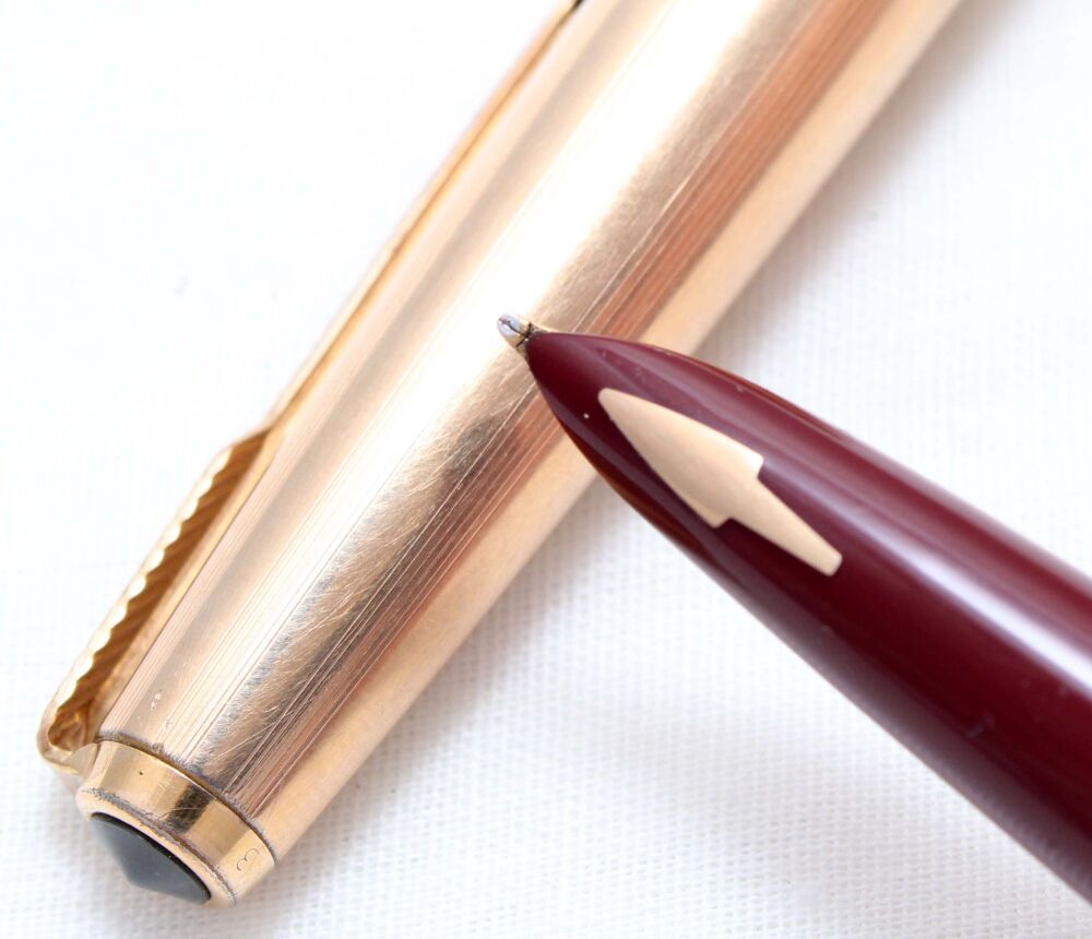 4884 Parker 61 Custom Fountain Pen in Burgundy with a Rolled Gold Cap. Broad FIVE STAR Nib.