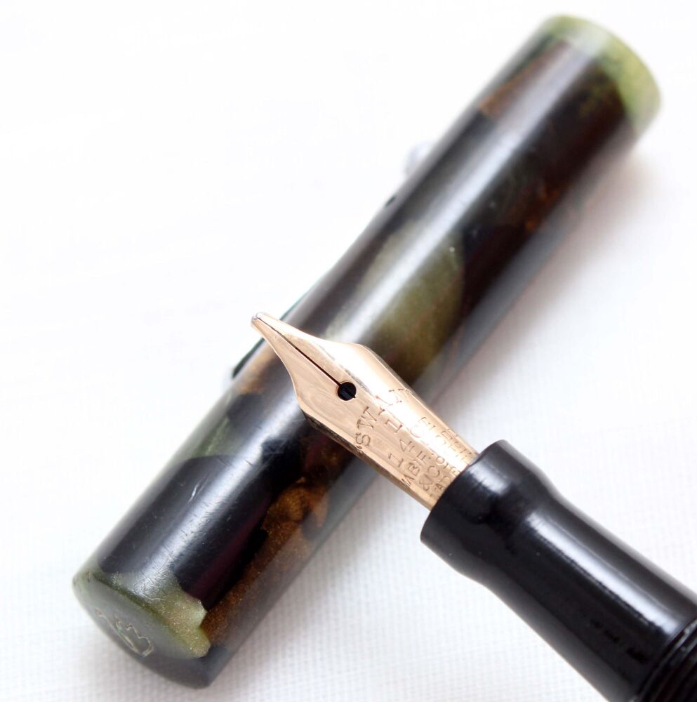 4926 Swan (Mabie Todd) SM1/58 Self Filling Fountain Pen in Russet and Jade Marble. Broad Italic FIVE STAR Nib.