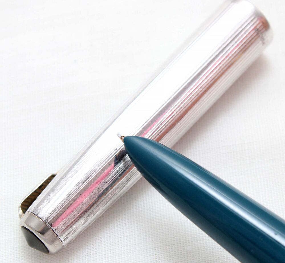 4968 Parker 51 in Teal Blue with a Rolled Silver Cap, Broad side of Medium FIVE STAR Nib,