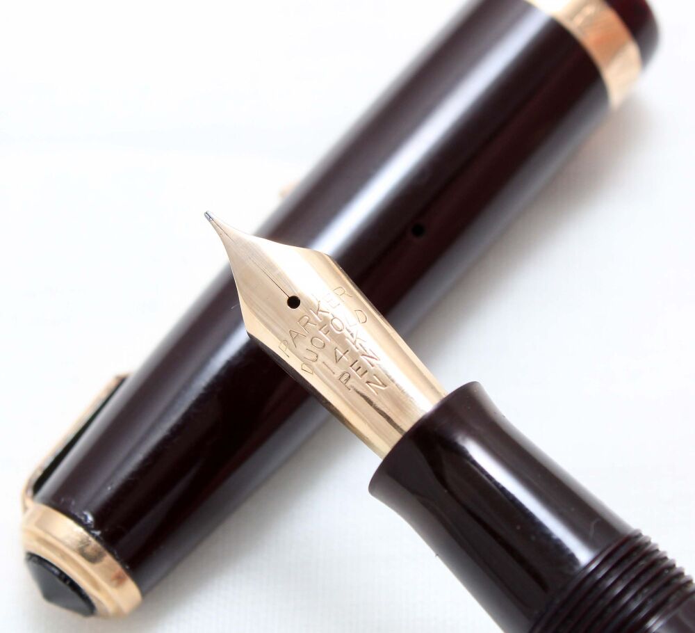 5032 Parker Duofold AF Button Filler in Dark Maroon. Fine FIVE STAR Nib.