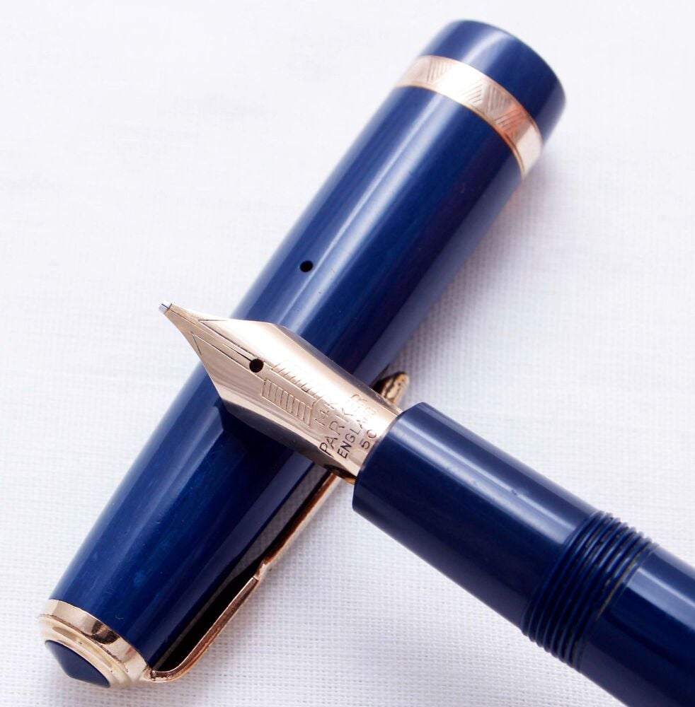 5062 Parker Duofold Maxima in Blue, Large No.50 Broad Italic FIVE STAR Nib.