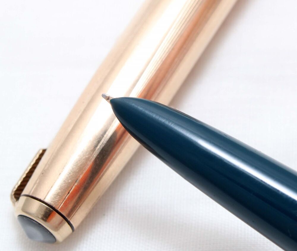 5065. Parker 51 Aerometric in Teal Blue with a Rolled Gold Cap, Smooth Fine side of Medium FIVE STAR Nib.