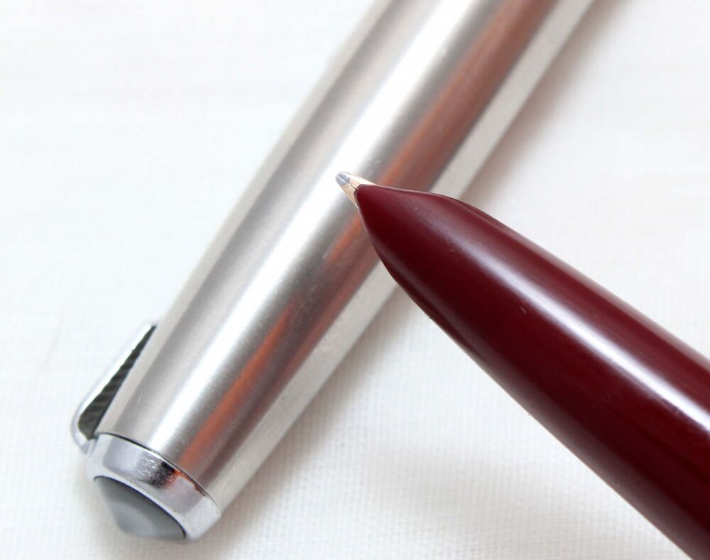 5074. Parker 51 Aerometric in Burgundy with a Lustraloy Cap, Smooth Broad side of Medium FIVE STAR Nib.